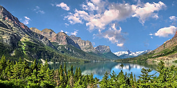 Beautiful Summer At St. Marys Lake, Montana, snowy peaks, green, Glacier National Park, clouds, trees, mountains, forest, lake HD wallpaper