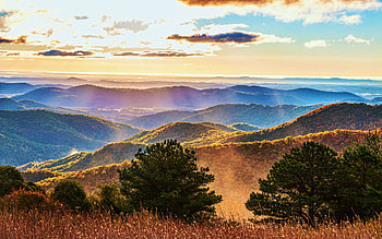 Blue Ridge Mountain Morning on the Blue Ridge Parkway in North Carolina, sunrise, hills, colors, clouds, trees, sky, usa HD wallpaper