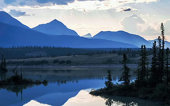 Soft light and reflections in Jasper NP, clouds, trees, sky, water, canada, mountains HD wallpaper