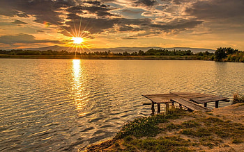Evening at the lake, sun, Slovenia, lake, sunset HD wallpaper