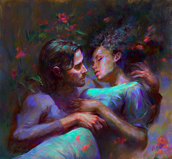 Night creatures, blue, art, man, girl, martanael, pink, fantasy, couple, luminos, kiss, marta nael HD wallpaper