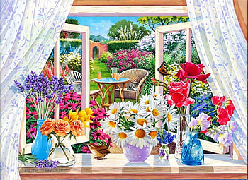Summer Breese, artwork, table, butterfly, window, garden, vase, armchair, flowers HD wallpaper