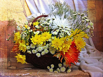 Autumn basket, graphy, art, beauty, basket, abstract, grapher, artist, autumn, nature, flowers, chrysanthemums HD wallpaper