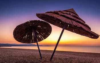umbrellas on the beach, evening, sunset, sea, coast, travel anniversary, seascape HD wallpaper