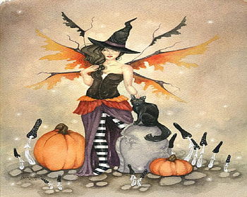 October Fairy, pumpkins, fairy, cat, mushrooms HD wallpaper
