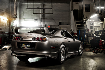 Rear view, garage, Toyota Supra HD wallpaper