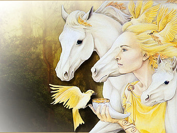 Fantastica, bird, yellow, white horse, goddess, pony HD wallpaper