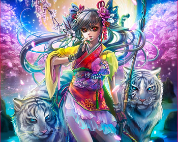 Girl with Tiger, nice, scenery, flower, maiden, warrior, female, sexy, sweet, tiger, red eye, hot, peony, blue hair, girl, petal, multicolor, anime girl, anime, fantasy, pretty, sakura blossom, animal, colorful, kimono, cute, dress, oriental, long hair, beauty, moon, scenic, cherry blossom, scene, color, twin tales, beautiful, sakura, princess HD wallpaper