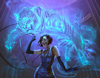 Magical circus, fantasy, blue, tiger, tigru, pauline voss, circus, girl HD wallpaper