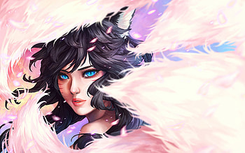 Ahri, blue, pink, fantasy, art, kitsune, face, vulpe HD wallpaper