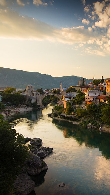 Neretva river, Mostar, Bosnia and Herzegovina, Windows 10 spotlight HD phone wallpaper