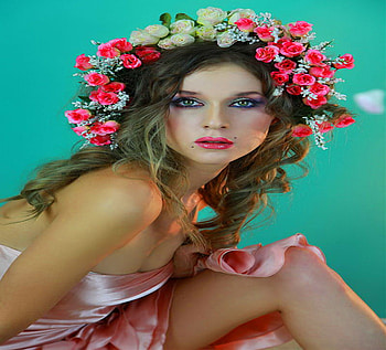 Spring beauty, crown, white and pink, roses, brunette, flowers, spring, woman, beauty HD wallpaper