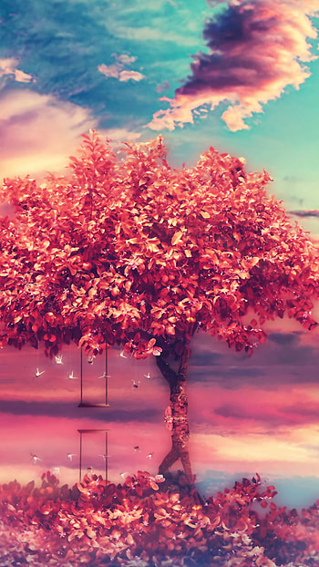 Tree of Love, swing, pink, love, artistic, tree HD phone wallpaper