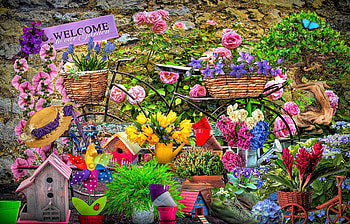 Welcome to Our Garden, artwork, birds, painting, colors, flowers, hat, bird house HD wallpaper