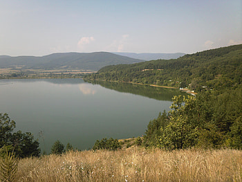 Lake Lobosh., riding, beautiful, grass, lake, radomir, green, yellow, bulgaria, bike, trees, view, sky, water, sun, forest HD wallpaper