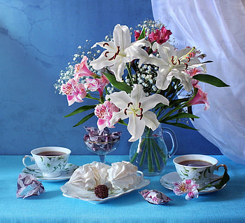still life, blue, bouquet, gentle, graphy, tea, dessert, kettle, nice, flower, glasses, , white, sweets, elegantly, delicious, beautiful, candy, pink, cool, flowers, harmony, drink HD wallpaper