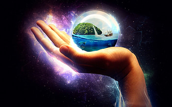 WELCOME TO MY WORLD!, island, turtle, boat, art, the hand, ball, sphere, ocean HD wallpaper