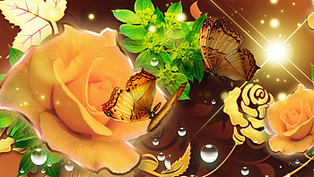 Golden Roses Golden Butterflies, roses, glow, firefox persona, stars, sparkles, summer, butterflies, butterfly, flowers HD wallpaper