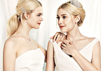 Elle and Dakota Fanning, white, blonde, dakota Fanning, Elle Fanning, girl, actress, woman, jewel, tiara, sister, couple HD wallpaper