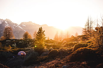 Captivating sunrise view over a tranquil Swiss mountain landscape with a distant tent. HD wallpaper