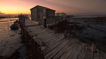 Dock, pier, sunset, beach HD wallpaper