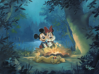 Mickey and Minnie Mouse, dog, minnie, pluto, art, disney, summer, painting, mickey mouse, pictura, fire, caine HD wallpaper