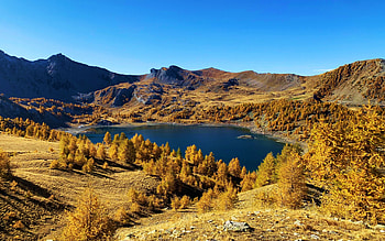 Lac d'Allos, French Alps, France, sky, mountains, fall, autumn, trees, colors HD wallpaper