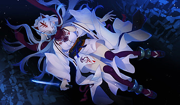 Tsunasaka Aoi, silver hair, kimono, black, mask, yukata, cute, red eyes, long hair, mad, darkness, , female, sexy, sword, hot, girl, dark, blade, anime girl, anime, white hair, weapon, angry, katana HD wallpaper