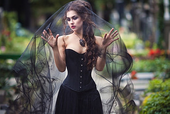 Sorrow, black, model, brunette, dress, woman HD wallpaper