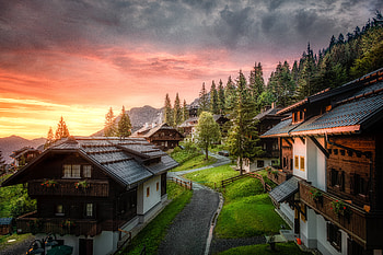 Nature, Sunset, Mountains, Building, Road, Village HD wallpaper