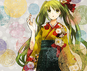 Hatsune Miku, blue, kimono, black, lanterns, dress, miku, green, hatsune, yellow, red, lantern, bow HD wallpaper