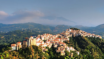 hilltop village, hills, clouds, forests, mountains, village HD wallpaper