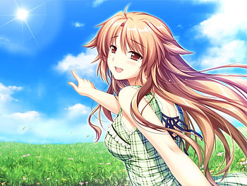 Isozaki Renka, blue, dog, inu, long hair, dress, shine, sun, female, brunette, girl, cat, grass, neko, anime, green, clouds, sky, wolve HD wallpaper