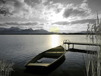 When the sun leaves and the clouds come, boat, night, sea, reeds, clouds, pier, sky HD wallpaper