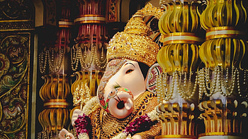 ganesha, deity, god, religion, statuette, columns, golden tablet, laptop background HD wallpaper