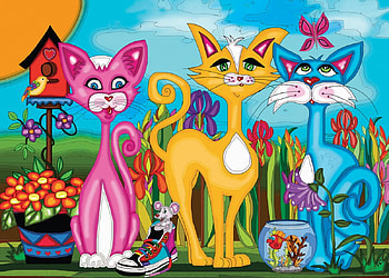 Whimsical cats, skies, rosy, sunny, blue, pink, yellow HD wallpaper