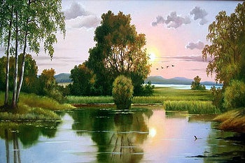 O. Adamenko. Thinning of the clouds flying range., river, o adamenko, painting, art, sunset, tree HD wallpaper