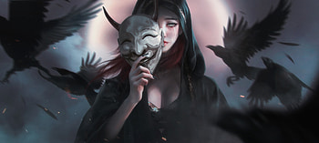 False splendor, raven, tian zi, mask, bird, fantasy, face, girl, dark HD wallpaper