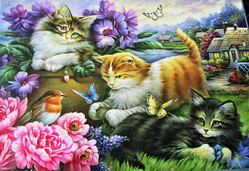 Evening Walk, garden, kitten, flowers, birds, painting HD wallpaper