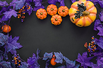 Happy Halloween!, halloween, purple, black, pumpkin, autumn, leaf, card, orange HD wallpaper