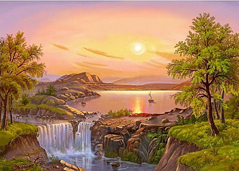 Little Lake, waterfall, sun, lake, tree HD wallpaper