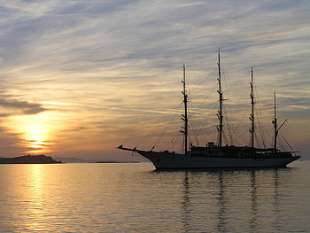 Tall ship sailing, Calm ocean sunset, Majestic horizon, Sailing beauty HD wallpaper