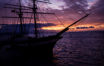 Sunset, Sea, Dark, Ship, Mast HD wallpaper