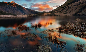 Sacred Silence On The Mountains, reflection, dawning, clouds, beautiful, water, sunrise, mountain HD wallpaper