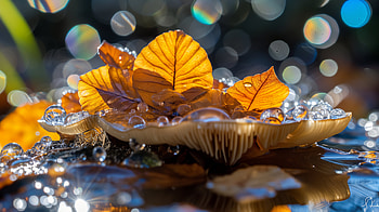 Autumn Brilliance: Golden Leaf & Dewdrops, Autumn, leaf, mushroom, water drop, nature HD wallpaper