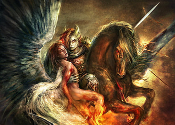 Kirsi Salonen - Celestial Brothers, wings, celestial brothers, horse, kirsi salonen, brothers, dark, celestial, artwork, dark angel, fantasy, fire HD wallpaper