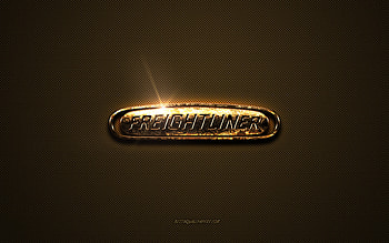 Freightliner golden logo, artwork, brown metal background, Freightliner emblem, creative, Freightliner logo, brands, Freightliner HD wallpaper