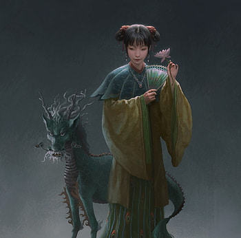 Fantasy girl and dragon, xu tangbin, dragon, girl, evantai, forky, asian, art, hand fan, fantasy, flower, lotus HD wallpaper