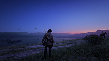 A cool evening with beautiful sky, night, nature, horse, gun, Arthur Morgan, video game, Red Dead Redemption 2 HD wallpaper