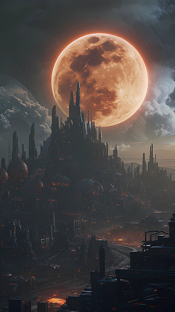 The Great Moon, post apocalyptic, planetscape, cityscape HD phone wallpaper
